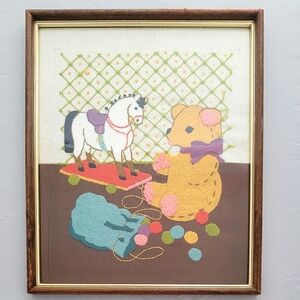 Vintage Crewel Embroidery Nursery Wall Art Bear Horse Framed